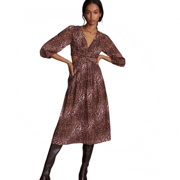 Anthropologie Cut Out Midi Dress in Brown Motif Brown animal print MP NWT - Picture 1 of 17